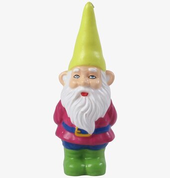 Bild av färgglad trädgårdstomte med limegrön luva