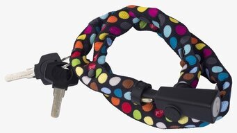 Foto av färgstarkt cykellås med unikt polkaprickmönster