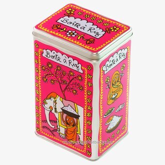 Bild av livfull hallonröd plåtburk med elefantmotiv