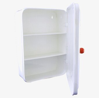 Bild av stilrent och funktionellt plåtskåp i vit och röd