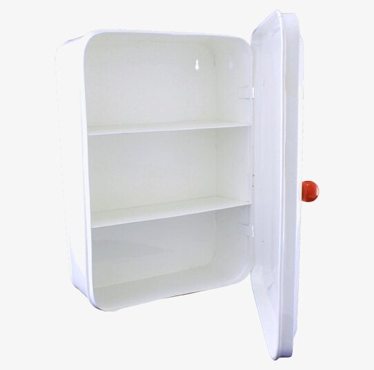 Bild av stilrent och funktionellt plåtskåp i vit och röd