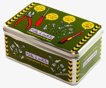 Bild av plåtburk med verktygstema och humoristisk design