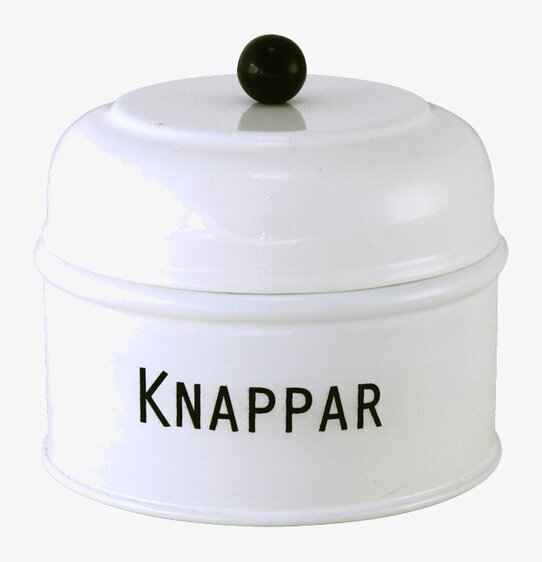 Foto av rund vit plåtburk med svart knopp och text