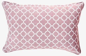 Bild av kuddfodral i dammig rosa med vita mönster
