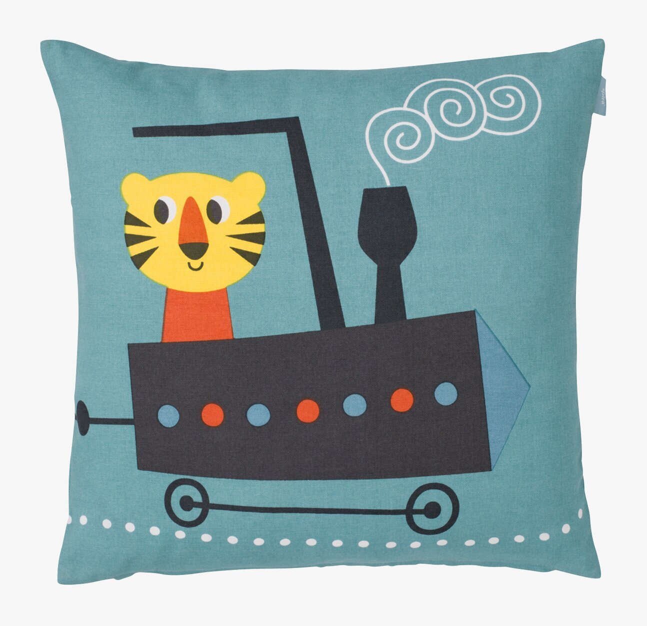 Bild av kuddfodral med tiger och tåg i ljusblått
