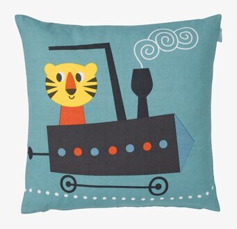 Bild av kuddfodral med tiger och tåg i ljusblått