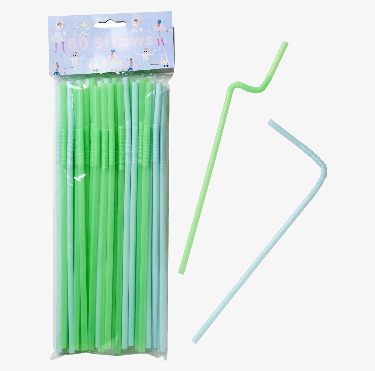 Böjbara Sugrör från Rice i ljusgrön och ljusblå, 50-pack