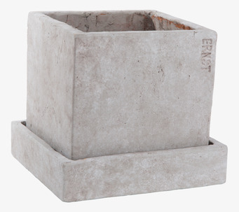 Bild av fyrkantig kruka i betong med fat i grå nyans