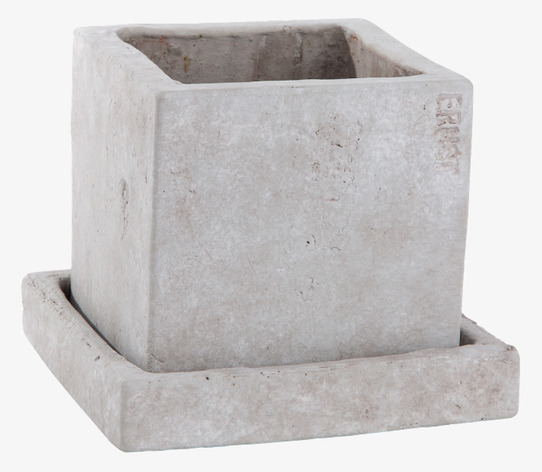 Foto av fyrkantig grå kruka med fat och stilren design