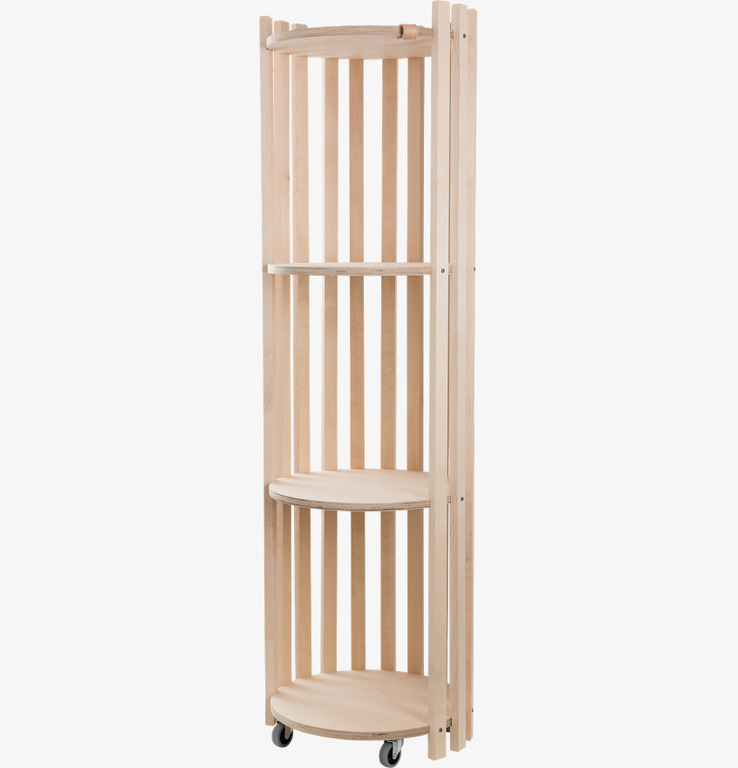 Foto av stilren och funktionell hög hylla med hjul