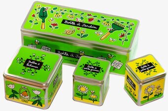 Bild av färgglada trädgårdsförvaringsburkar i plåt