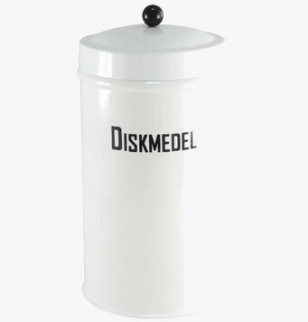 Bild av stilren vit plåtburk för diskmedel i köket