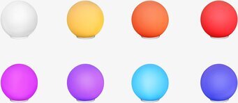 Bild av sfäriska glaslampor i åtta färgvariationer