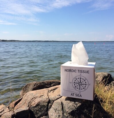 Bild av servettbox på klippa vid vattnets kant