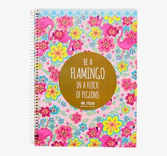 Bild av färgglatt kollegieblock med flamingomotiv