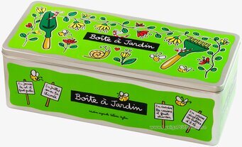 Bild av färgglad plåtlåda med trädgårdstema och insekter