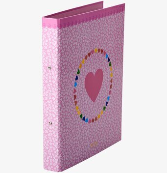 Bild av ljusrosa pärm med blomster- och hjärtmönster