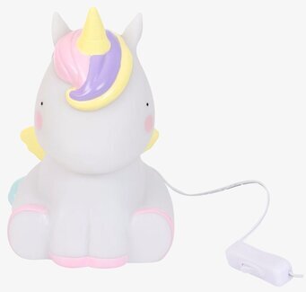 Bild av en enhörningslampa med mjuka pastellfärger