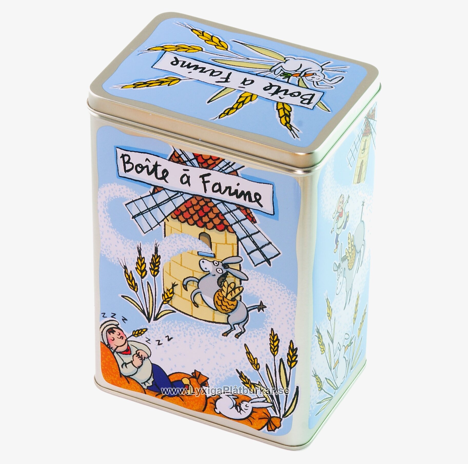 Bild av ljusblå plåtburk med lantlig design och motiv
