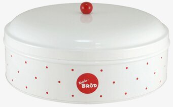 Bild av rund plåtburk för knäckebröd med röd-vitt mönster