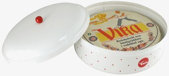 Bild av rund plåtburk för knäckebröd med rödvit design