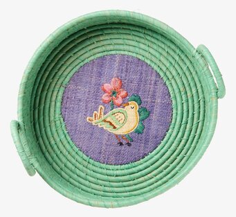 Bild av rund brödkorg med fågelmotiv och blommönster