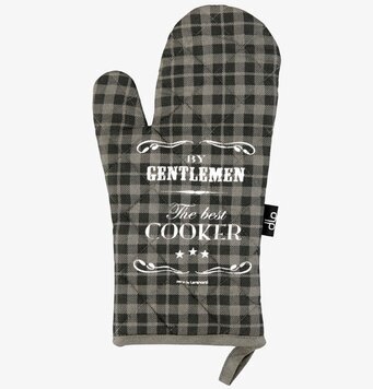 Bild av stilren grytvante med rutmönster och text