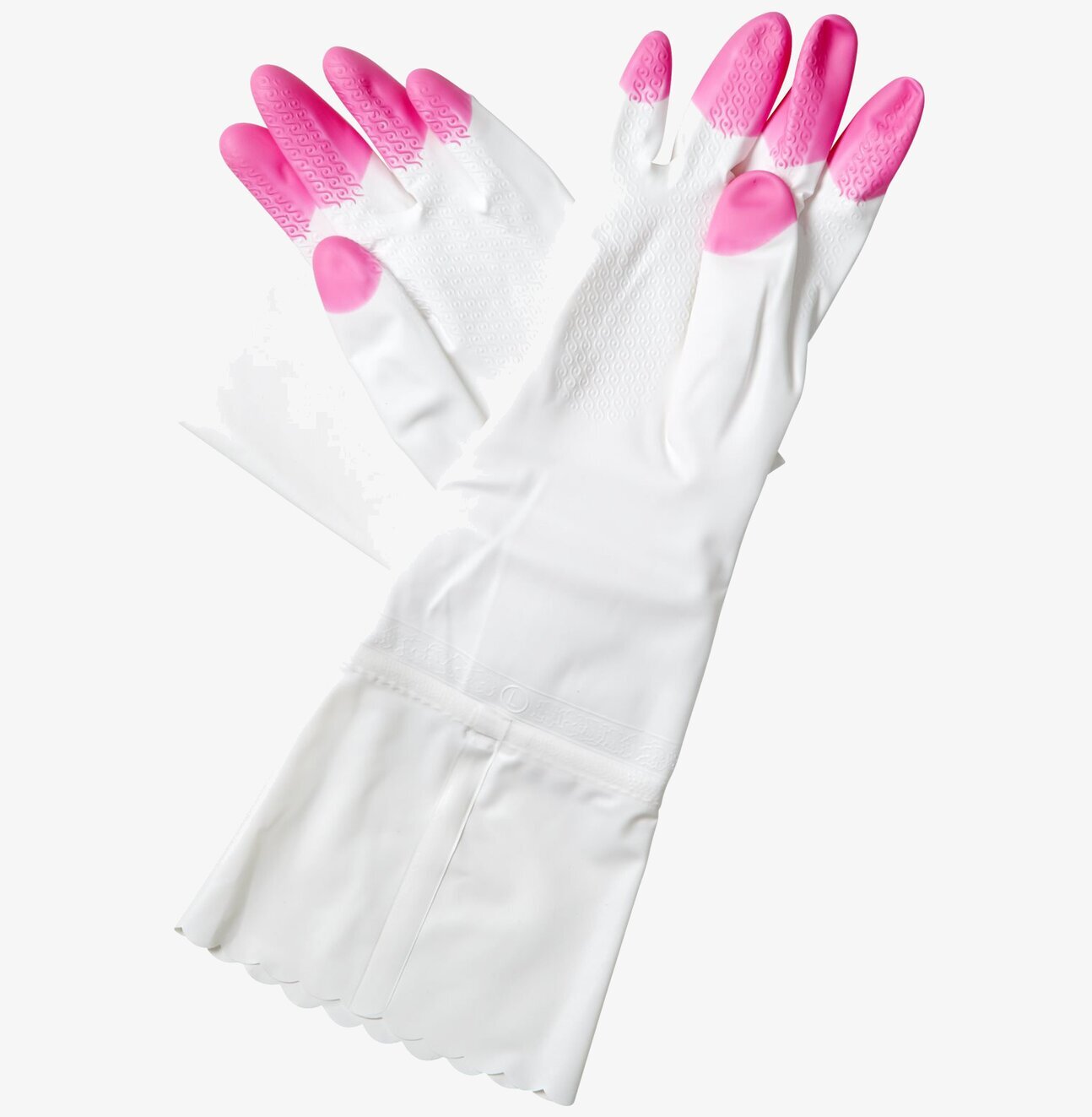 Foto av diskhandskar med rosa fingertoppar och grepp