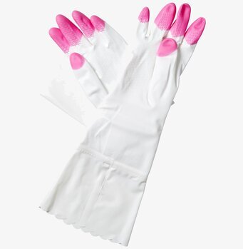 Foto av diskhandskar med rosa fingertoppar och grepp