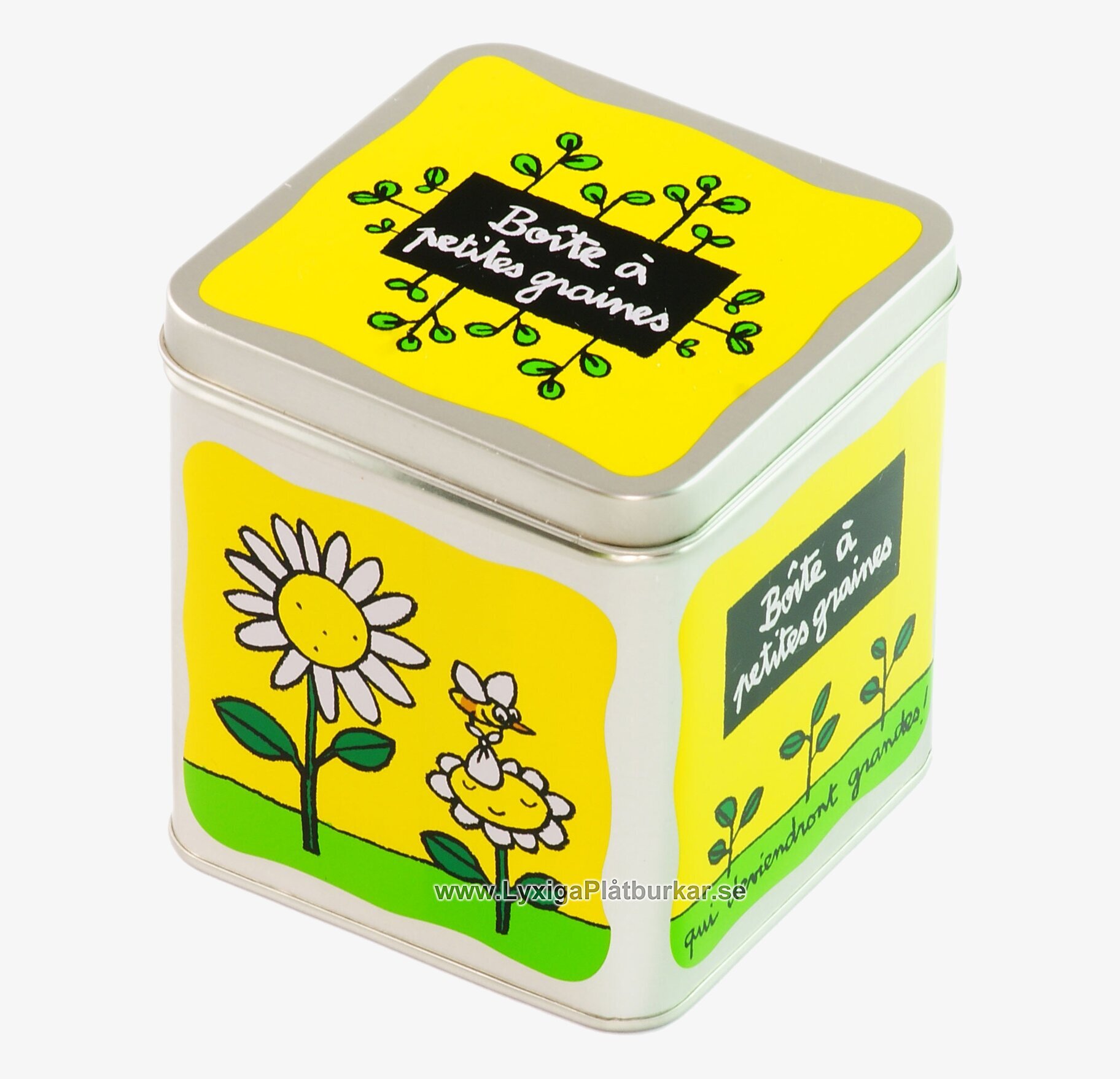 Bild av charmig plåtlåda med fransk text och blommotiv