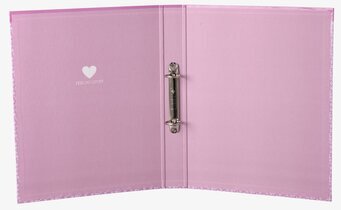 Bild på rosa A4-pärm med hjärta och blommigt mönster