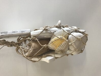 Bild av rustikt konstverk med snäckor och drivved