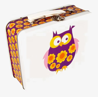 Bild av färgstark lunchlåda med lila uggledesign