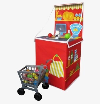 Bild av färgglad leksaksmarknad med kundvagn för barn