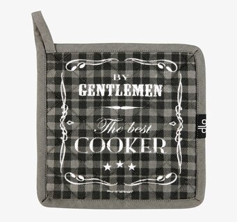 Bild av stilren grytlapp med text och grå rutig design