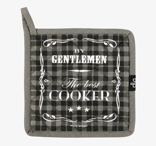 Bild av stilren grytlapp med text och grå rutig design