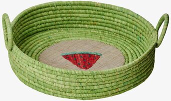 Bild av färgglad brödkorg med broderad melon i botten