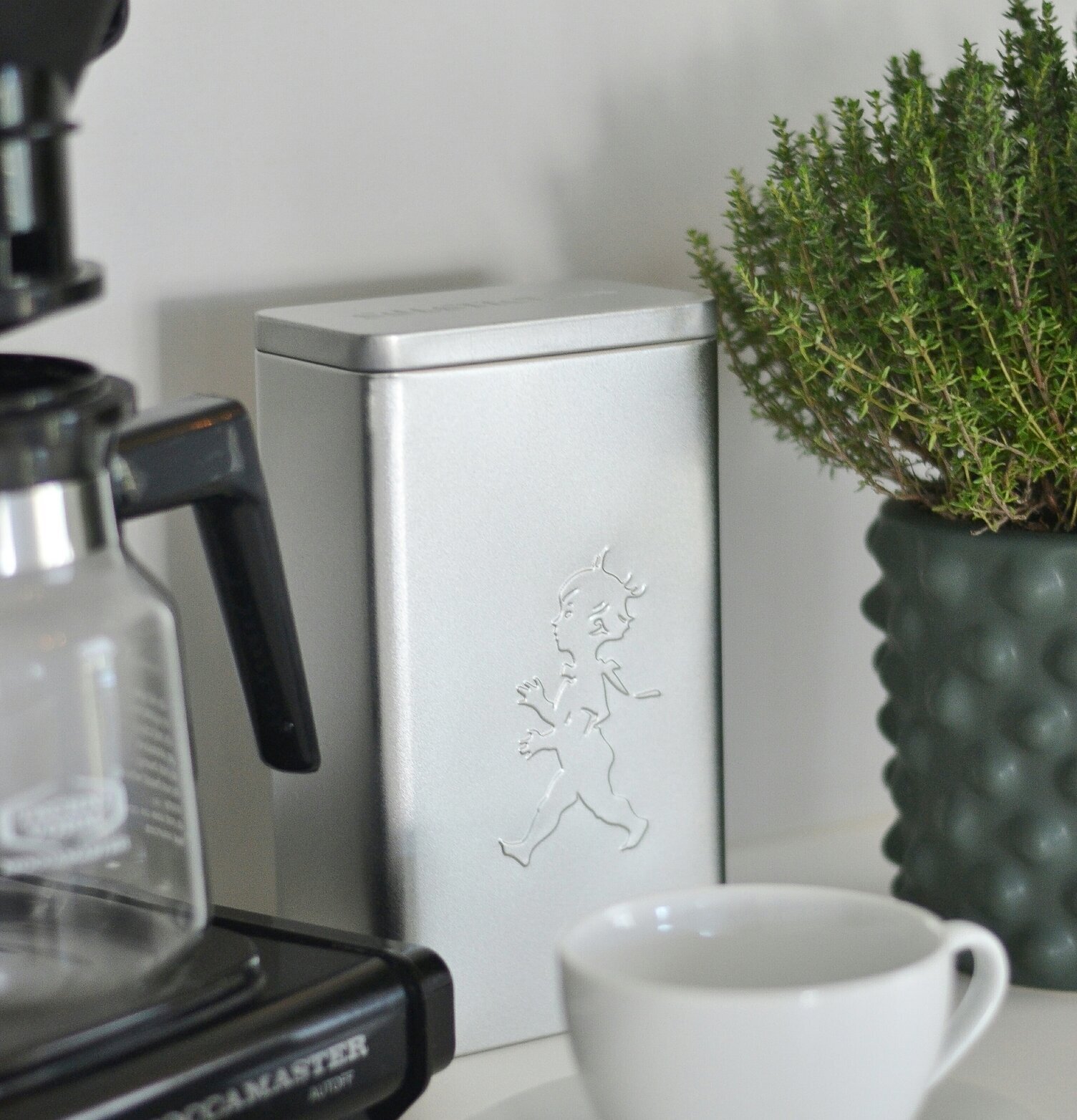 Plåtburk Kaffe Silver från Solstickan på vit yta med växt