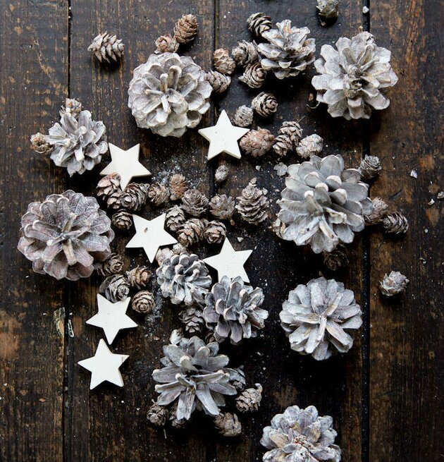 Bild av dekormaterial med tallkottar och trästjärnor