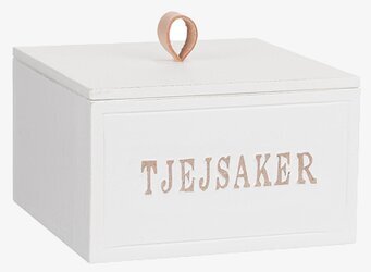 Bild av elegant vit trälåda med rustik text och läderdetalj