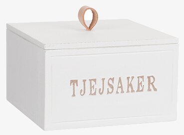 Bild av elegant vit trälåda med rustik text och läderdetalj