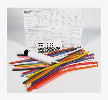 Bild av färgglada ballongdinosaurier och tillbehör