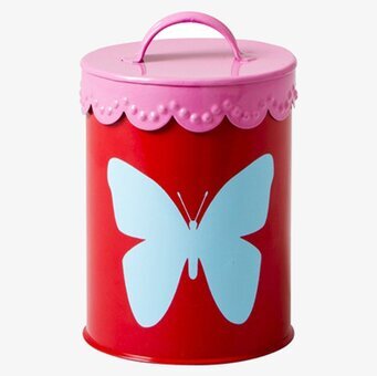 Bild av färgglad plåtburk med fjäril och rosa lock