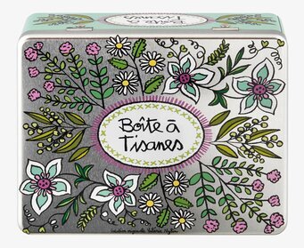 Bild av vackert dekorerad plåtburk med blommotiv