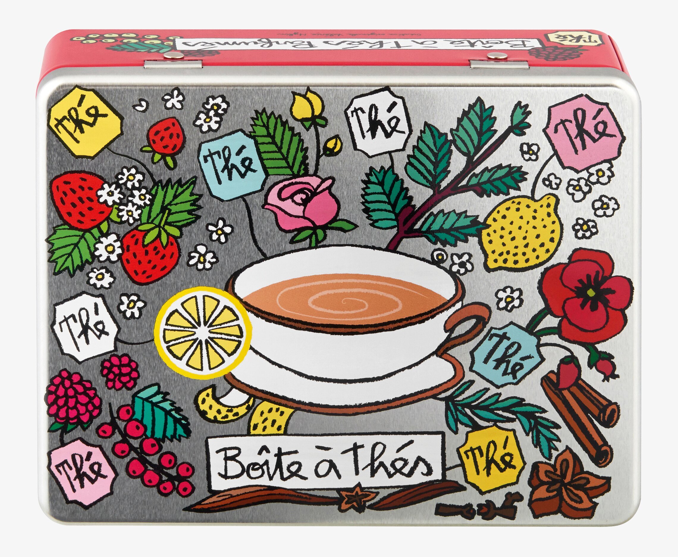 Plåtburk Tepåsar Röd från Derriére la porte med färgglada motiv