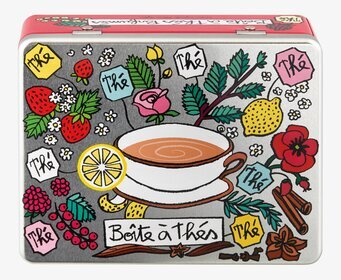 Bild av färgglad och lekfull plåtburk för tepåsar