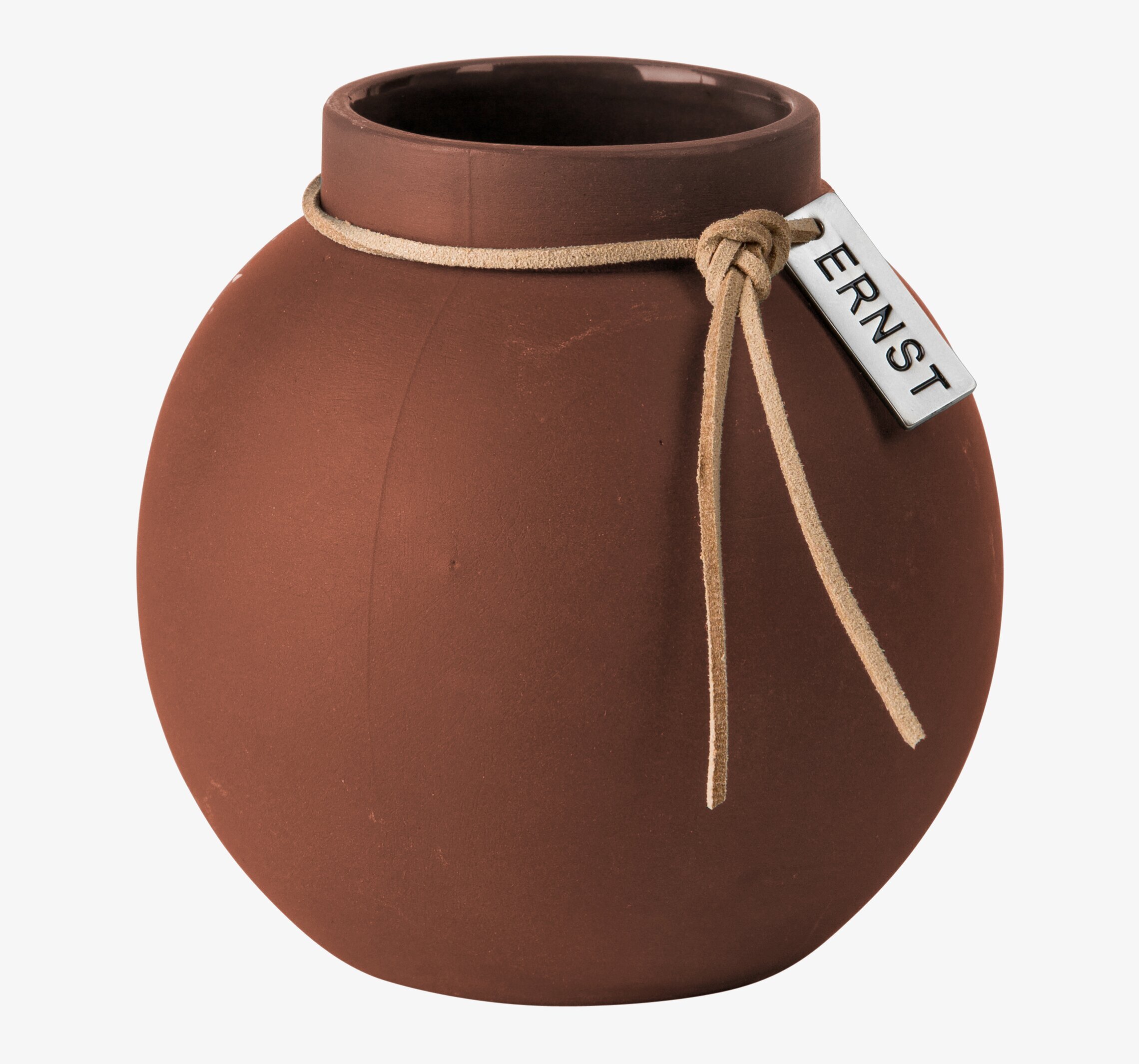 Bild av rustik vas i stengods med läderdetaljer