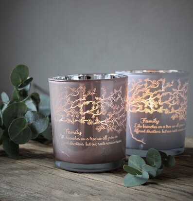 Foto av ljuslyktor med familjetema och eukalyptus