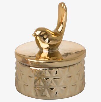 Bild av elegant gyllene porslinsbox med fågelfigur