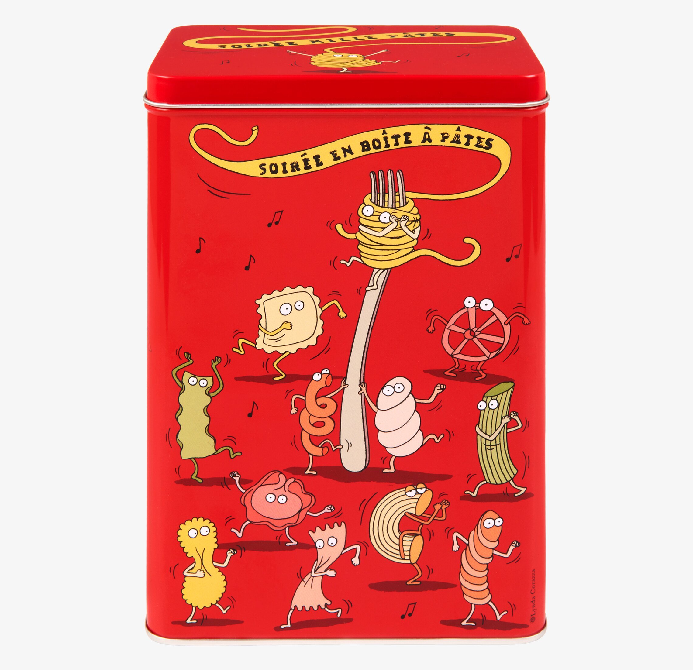 Plåtburk Makaroner röd från Derriére la porte med pastafigurer